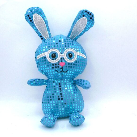 Silver Disco Ball Bunny Plush /W Glasses Sparkly Blue Silver Fun Gift For Kids O - Picture 1 of 5